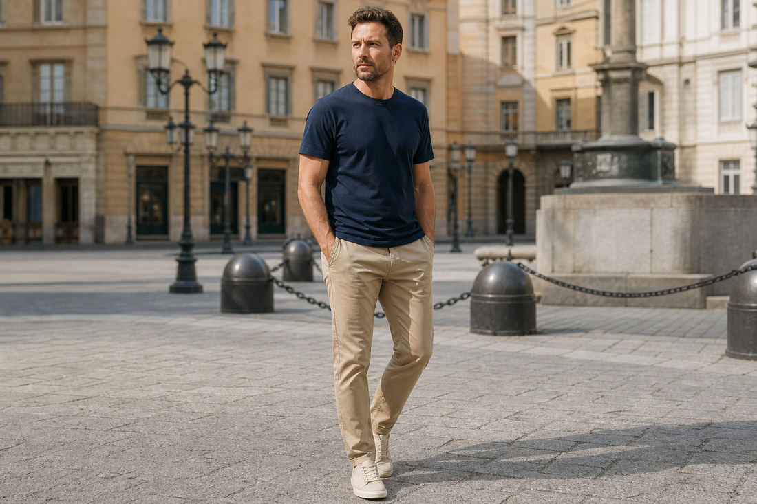 Pantaloni kaki cu tricou: palete simple pentru bărbați