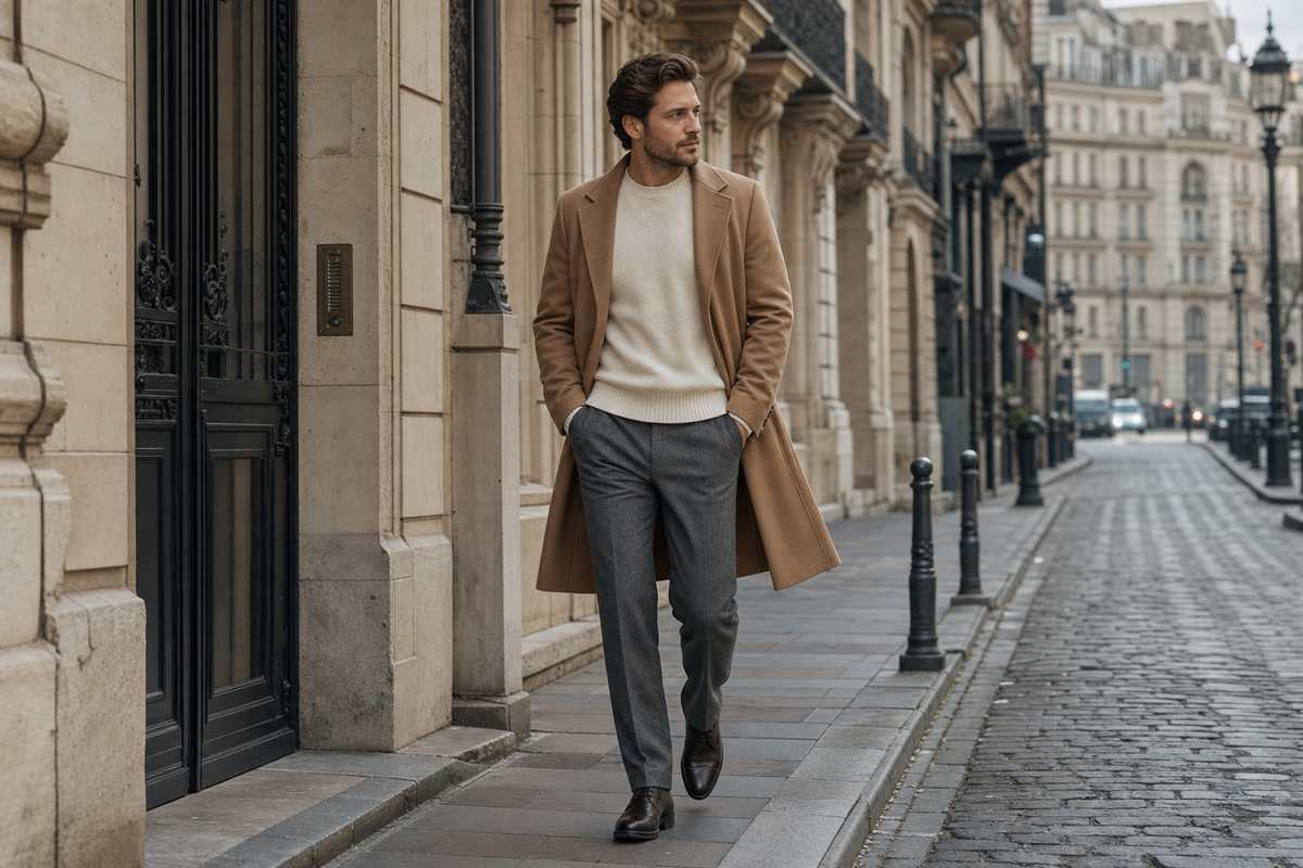 Bărbat purtând pantaloni gri din lână și cașmir într-o ținută elegantă de iarnă