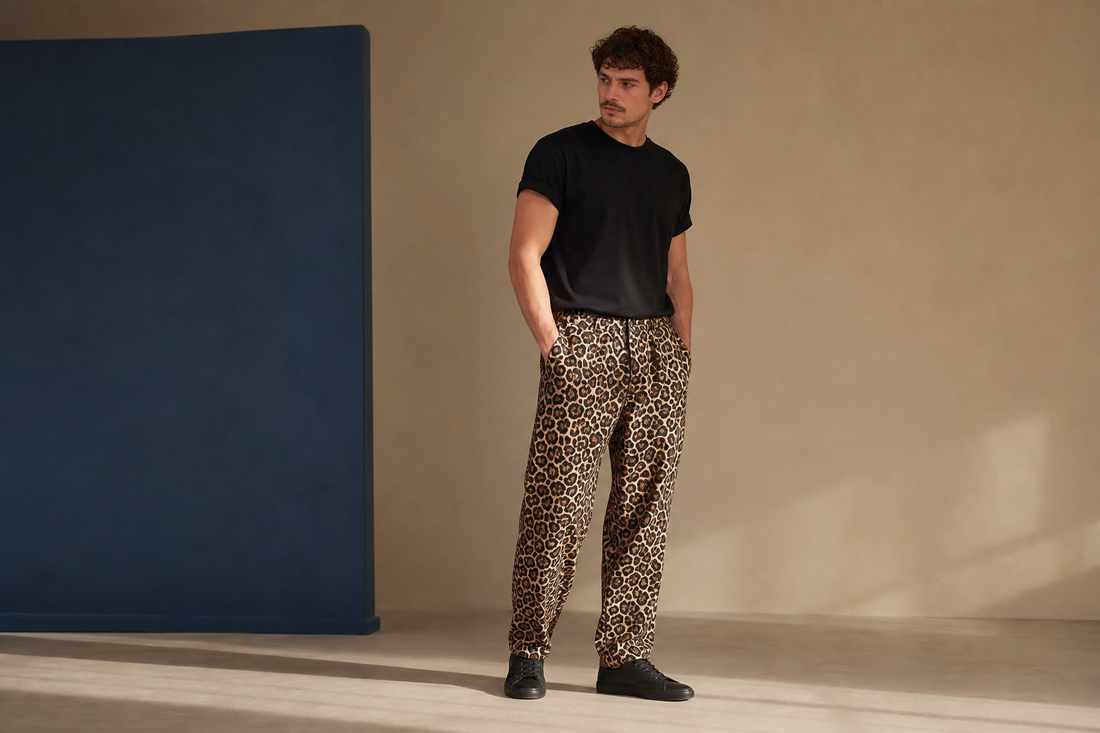 Bărbat într-o ținută modernă cu pantaloni cu imprimeu leopard și tricou negru