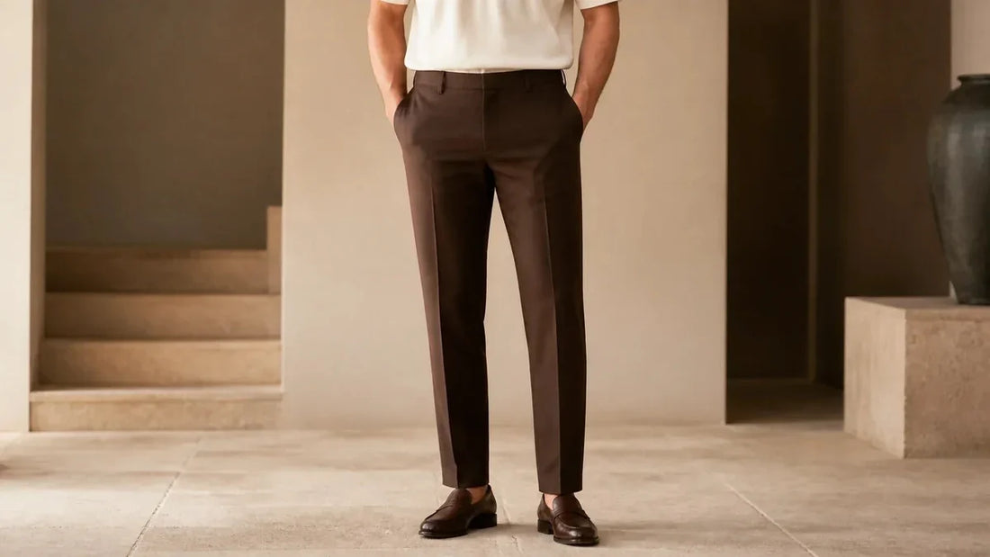 Pantaloni maro eleganți asortați cu polo crem și loafers maro