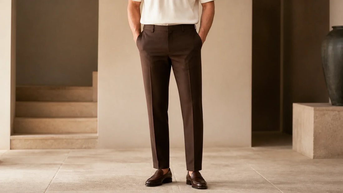 Pantaloni maro eleganți asortați cu polo crem și loafers maro