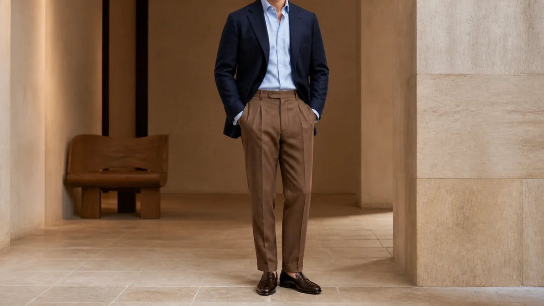 Ținută masculină cu pantaloni maro, cămașă bleu și sacou bleumarin