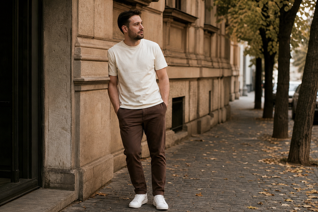 Pantaloni maro cu tricou: culori potrivite pentru bărbați