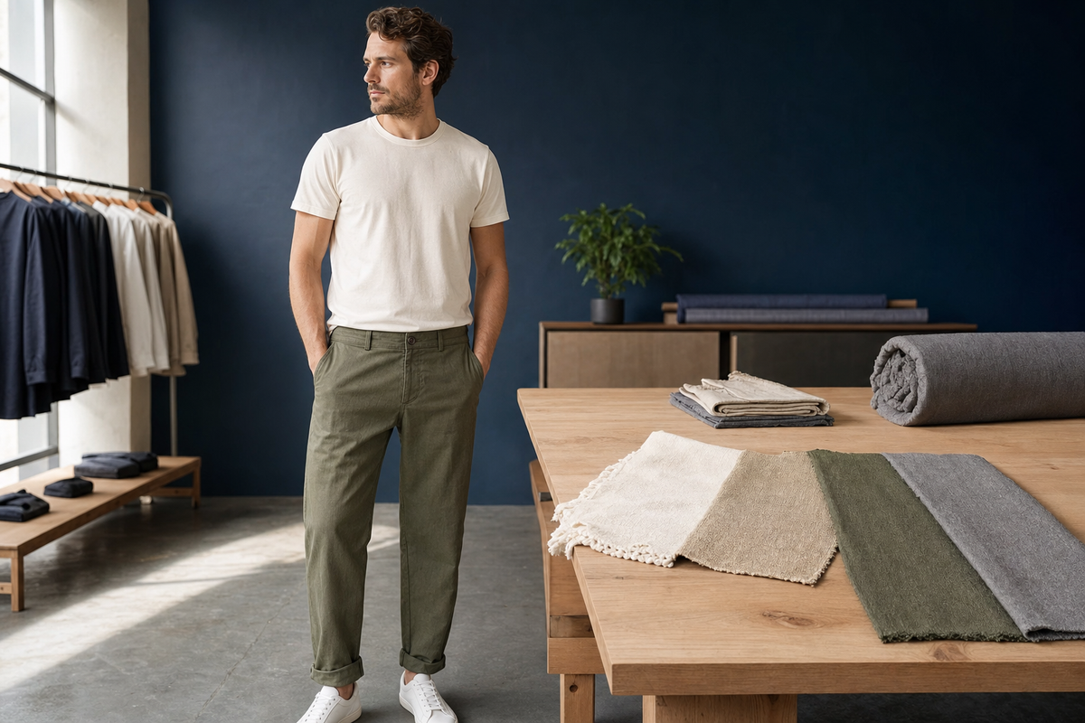 Bărbat purtând pantaloni verzi într-un atelier cu mostre de materiale sustenabile