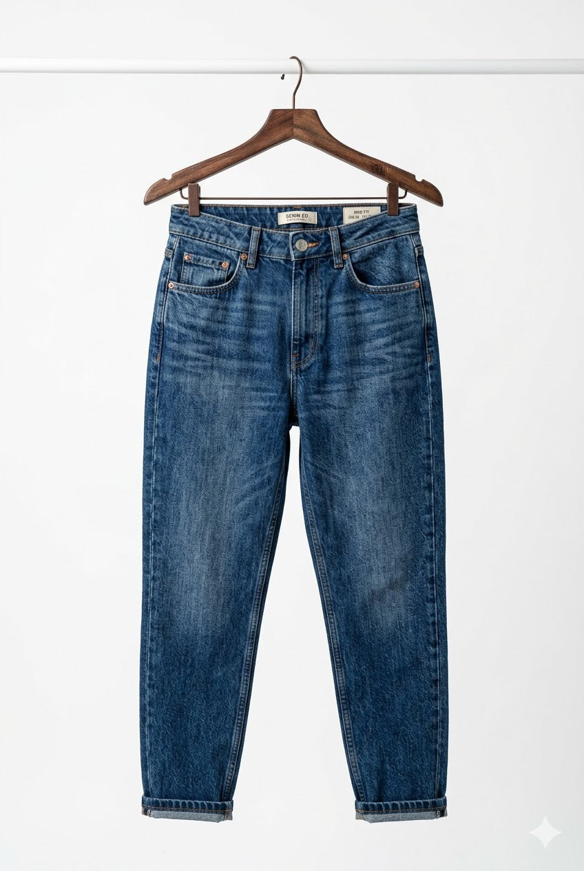 Pantaloni mom fit și boyfriend de damă din denim premium pe umeraș