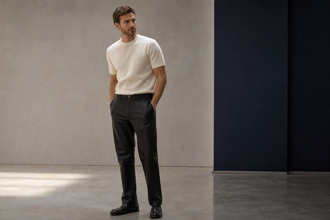 Bărbat purtând pantaloni negri din piele naturală într-o ținută minimalistă