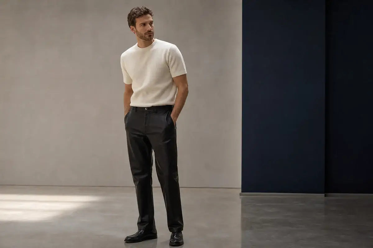 Bărbat purtând pantaloni negri cu aspect de piele într-o ținută minimalistă
