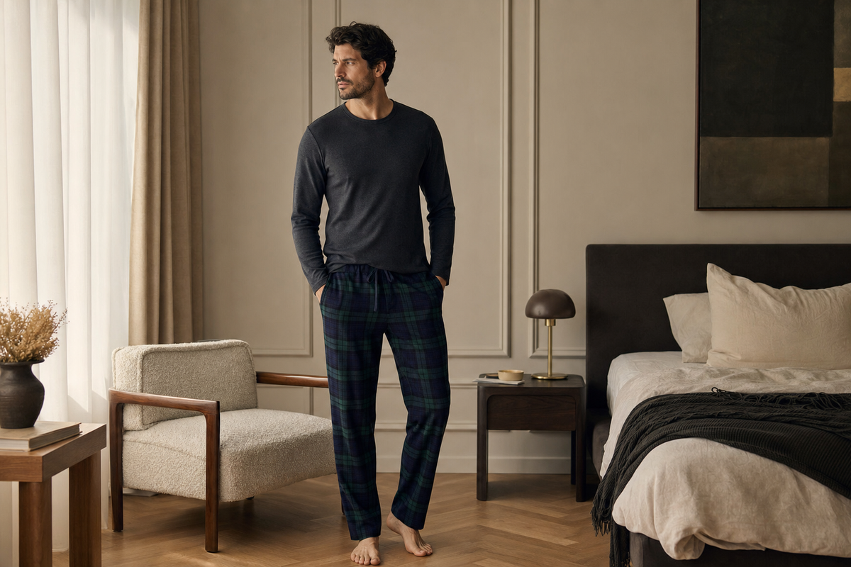 Bărbat purtând pantaloni de pijama în carouri bleumarin și verde într-un dormitor modern