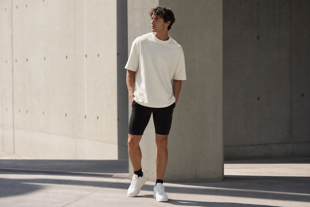 Bărbat purtând pantaloni scurți biker negri cu tricou oversized alb