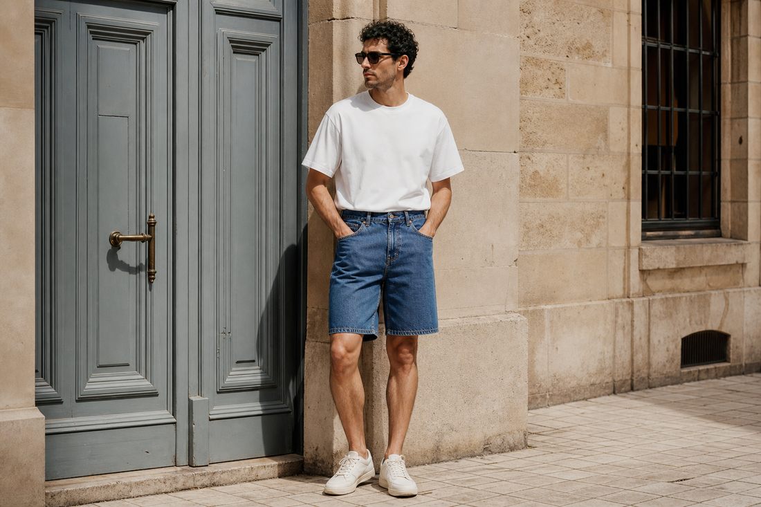Bărbat purtând pantaloni scurți din denim albastru cu talie înaltă