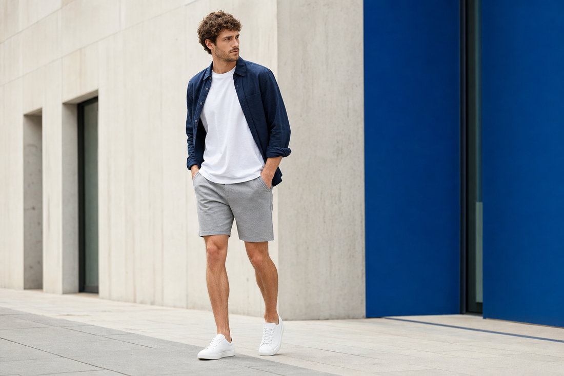 Bărbat purtând pantaloni scurți gri cu tricou alb și cămașă bleumarin