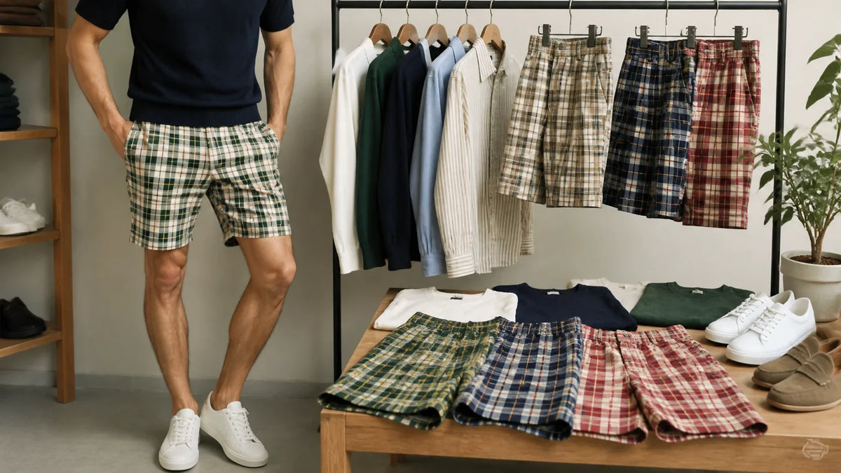 Pantaloni scurți în carouri: culori și piese potrivite – imagine principală pentru ghidul Atelier AXD