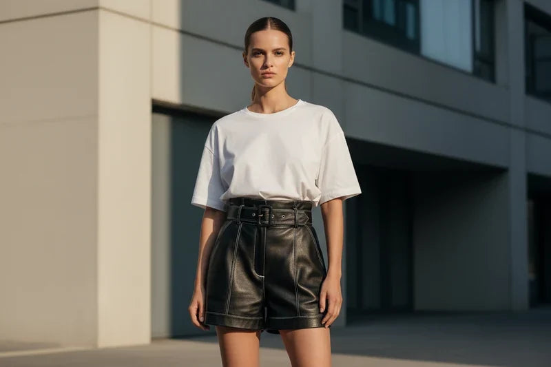 Pantaloni scurți negri cu talie înaltă și curea lată, purtați cu tricou alb