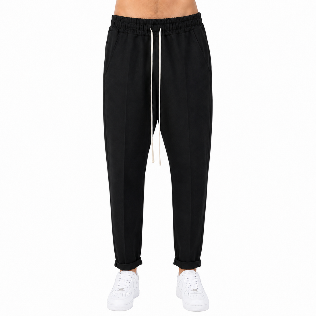 Pantaloni negri bărbătești cu șnur, exemplu de culoare uniformă
