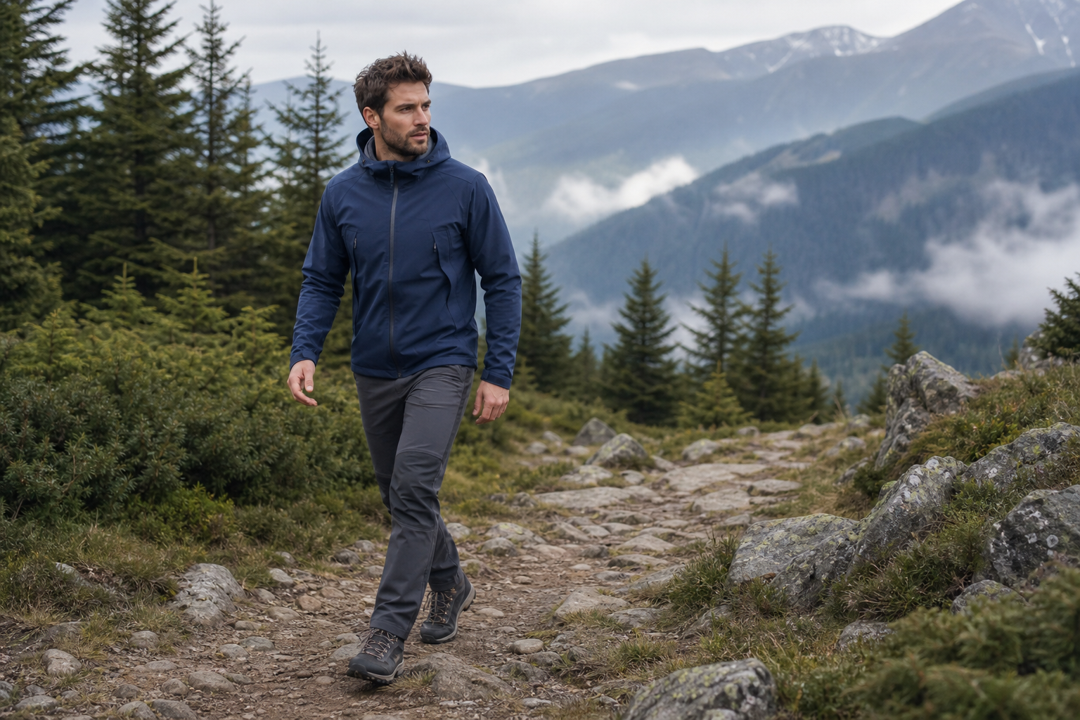 Bărbat purtând pantaloni softshell gri pe un traseu montan