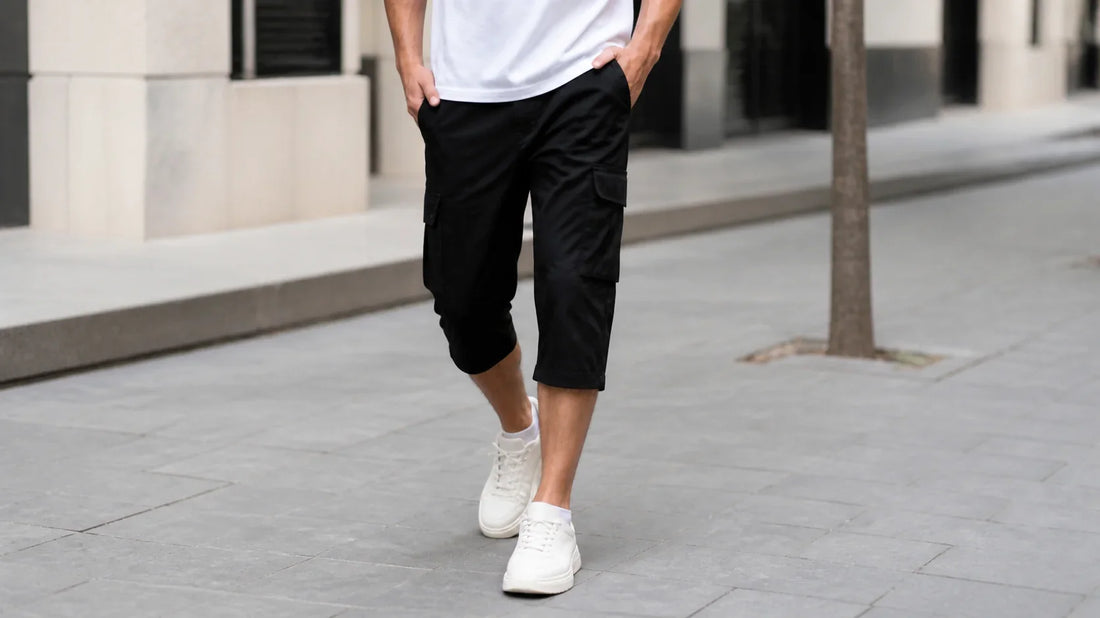 Bărbat purtând pantaloni trei sferturi cargo negri și sneakers albi