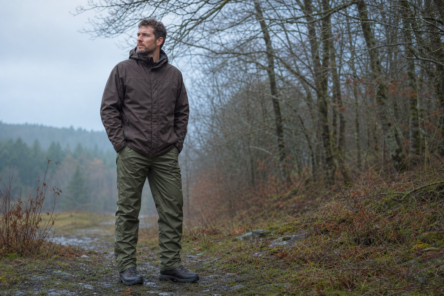 Bărbat purtând pantaloni impermeabili verzi pe un traseu forestier umed