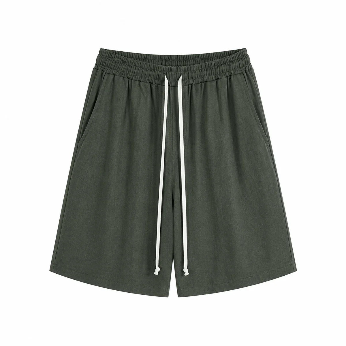 Pantaloni scurți verde militar cu două capete lungi de șnur alb, imaginea existentă a ghidului