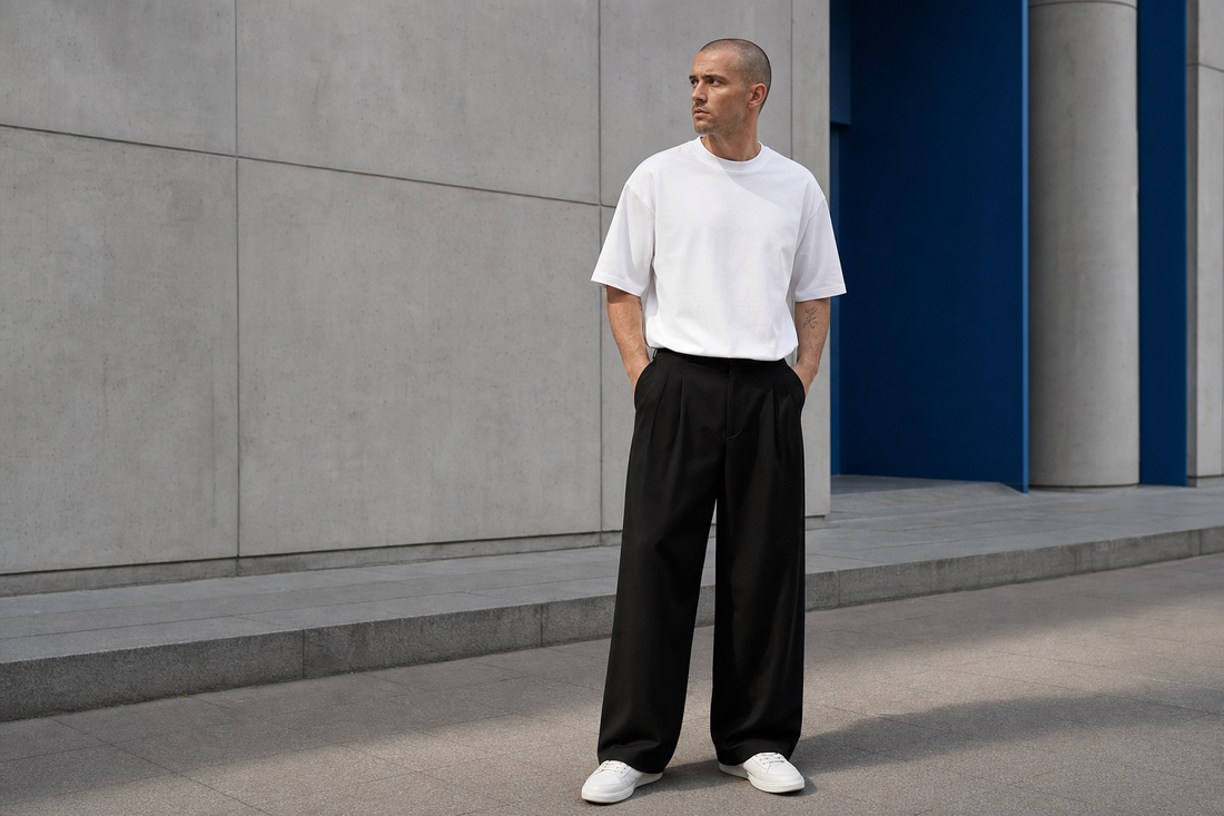 Bărbat purtând pantaloni wide leg negri într-o ținută urbană minimalistă