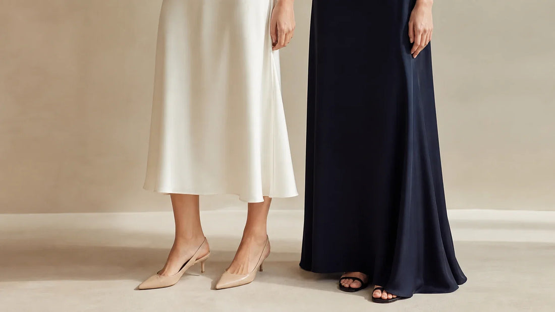 Pantofi slingback la rochie midi și sandale fine la rochie lungă