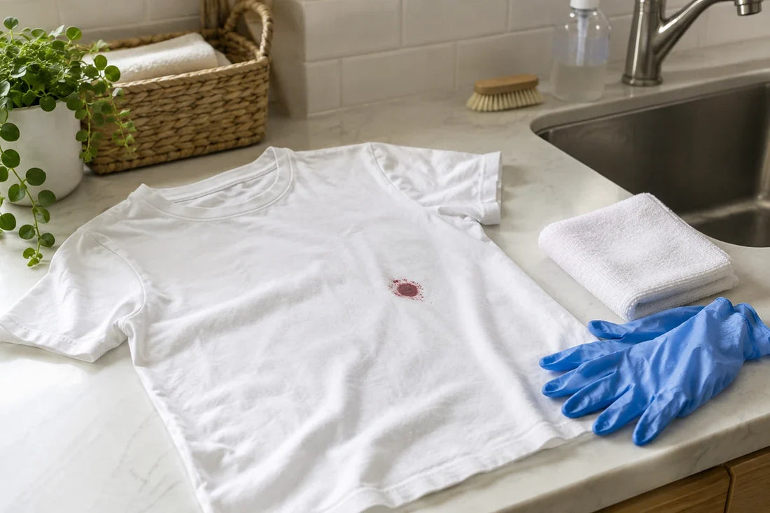Tricou alb cu o pată roșie mică, lângă o lavetă și mănuși, pe o masă lângă chiuvetă