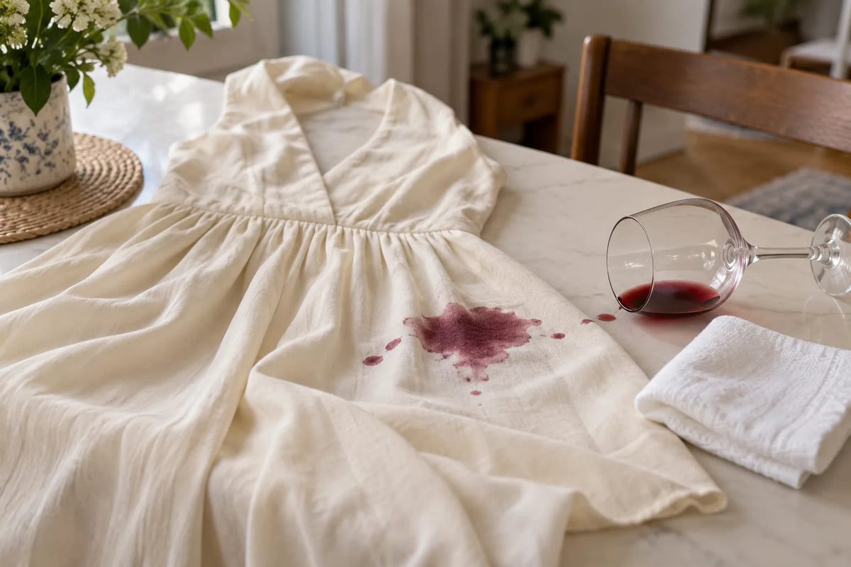 Pată proaspătă de vin roșu pe o rochie crem