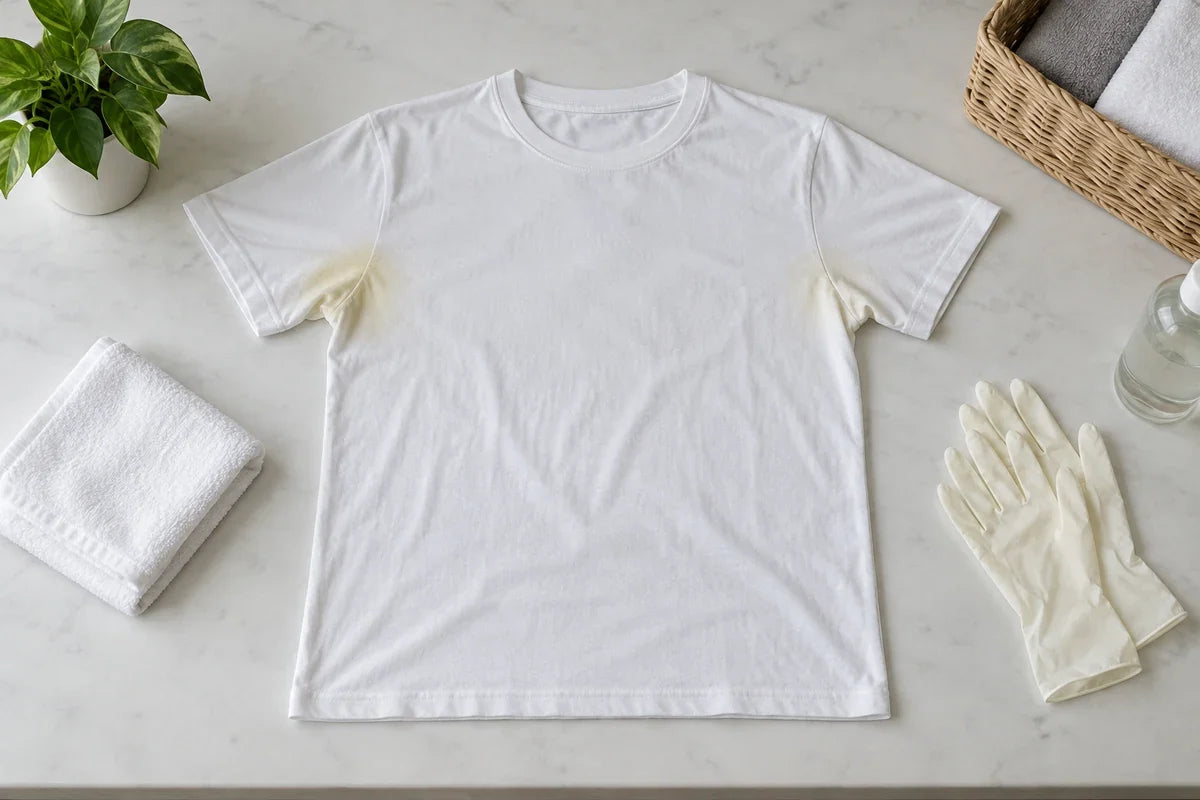 Tricou alb cu pete galbene în zona axilelor, lângă lavetă și mănuși pe masa de lucru