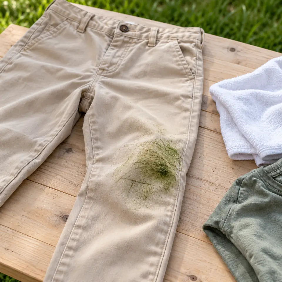 Pată verde de iarbă pe genunchiul unor pantaloni bej, lângă o lavetă albă pentru verificarea materialului.