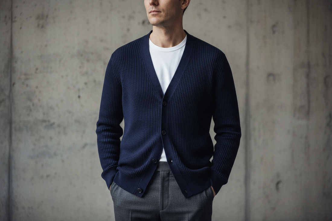 barbat purtand cardigan bleumarin marime corecta fit perfect stil urban 2026