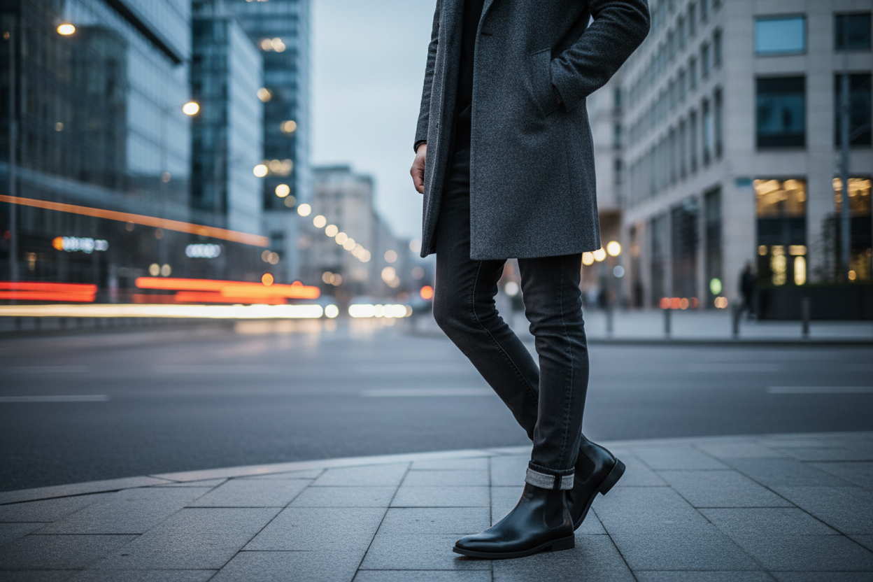 ghete chelsea barbati piele neagra tinuta urbana eleganta