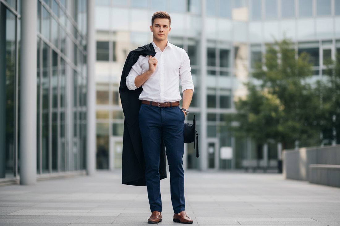 : Tânăr absolvent purtând o ținută absolvire facultate smart casual modernă