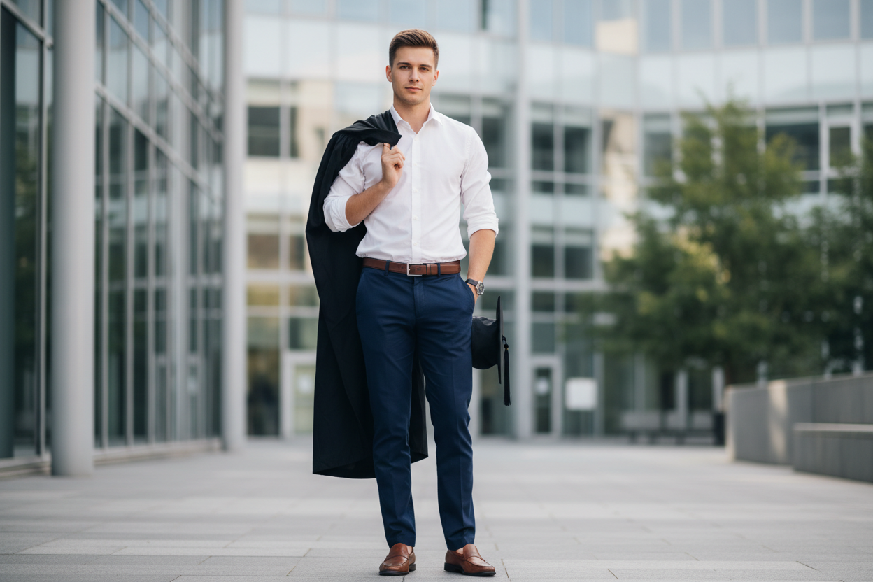 : Tânăr absolvent purtând o ținută absolvire facultate smart casual modernă