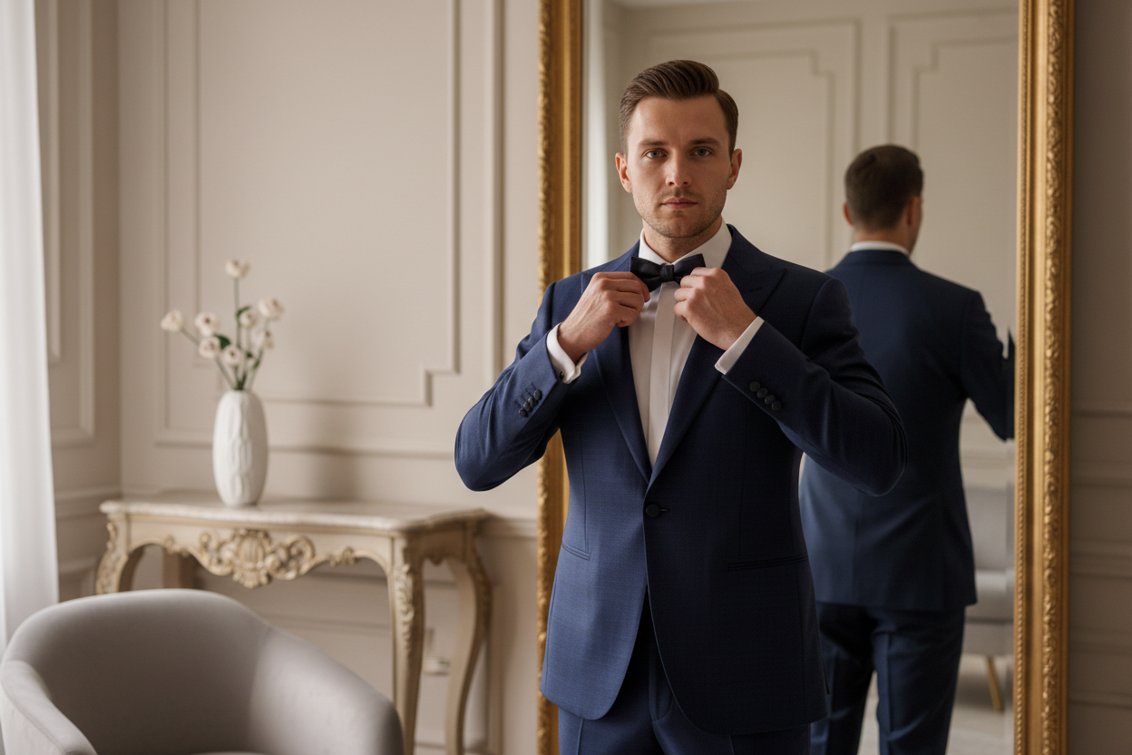 mire ajustand papion la costum mire navy elegant nunta 2026
