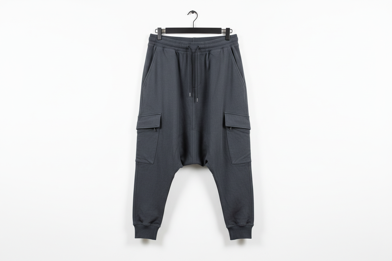 pantaloni cu tur lasat stil urban premium pe umeras fundal alb