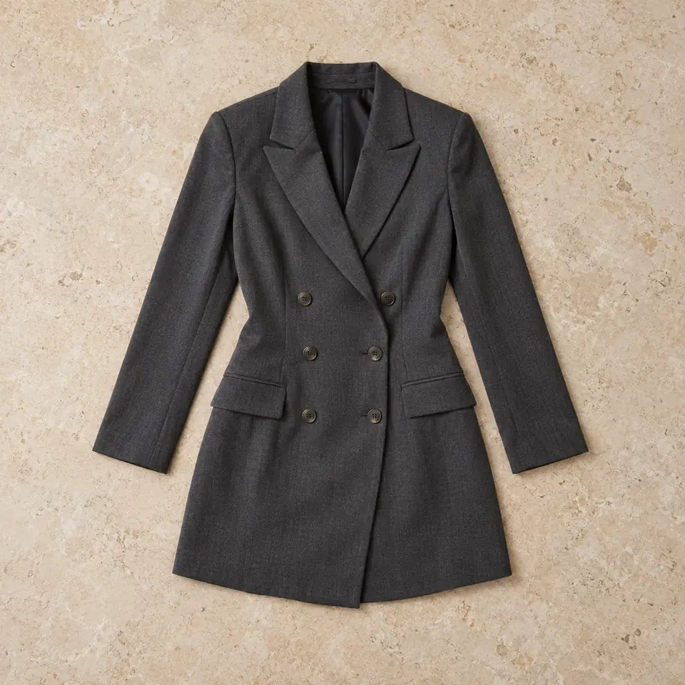 Rochie gri tip blazer, cu rever și nasturi vizibili, prezentată integral într-o imagine ilustrativă