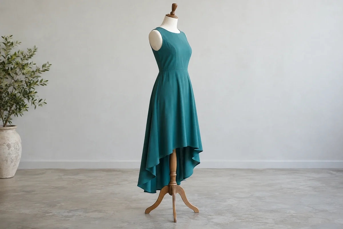 Rochie high-low turcoaz pe manechin, cu tivul mai scurt în față și mai lung în spate