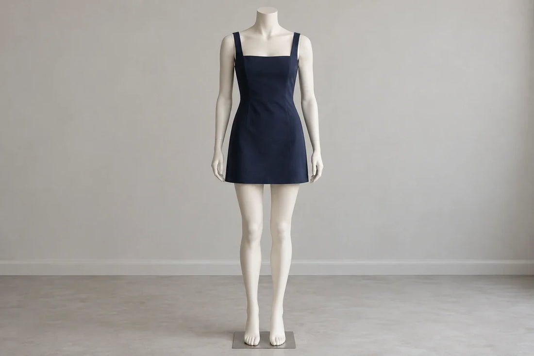 Rochie mini bleumarin pe manechin, cu tivul deasupra genunchiului, vedere frontală