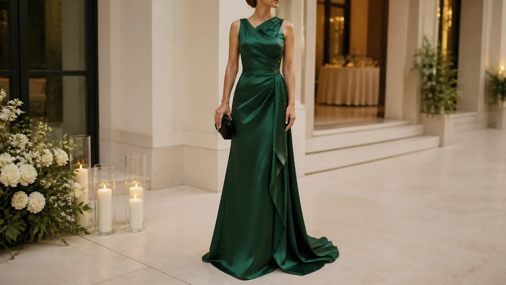 Rochie verde smarald din satin pentru invitată la nuntă în 2026
