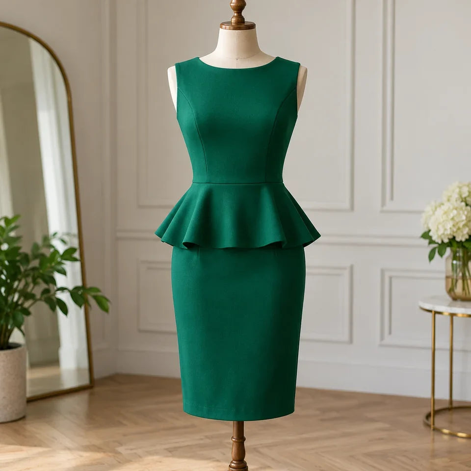 Rochie verde peplum, cu volan scurt pornit din talie și fustă dreaptă.