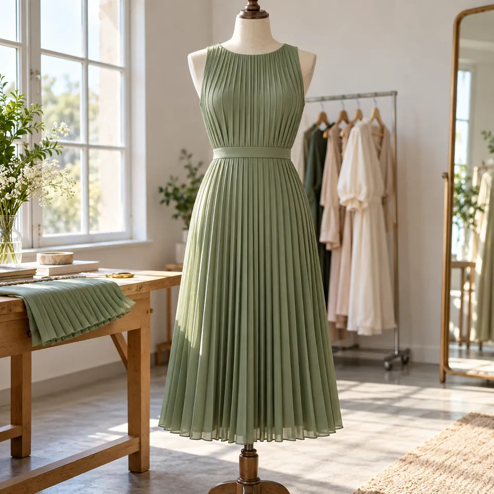 Rochie verde cu pliuri uniforme de la talie până la tiv, prezentată pe manechin.