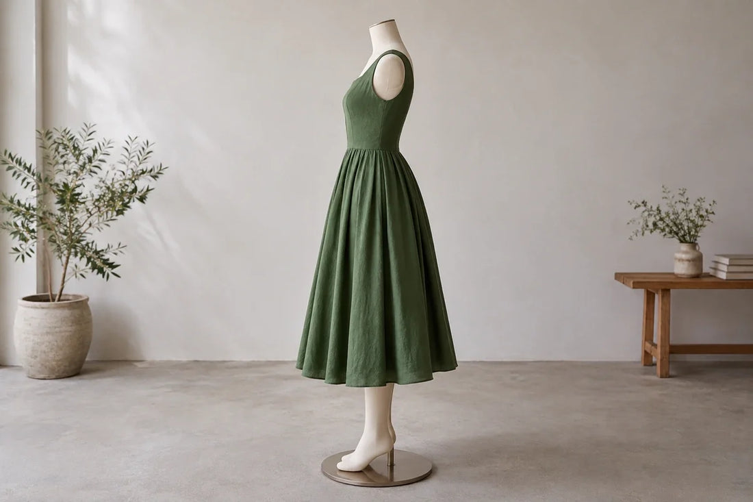 Rochie verde tea length pe manechin, văzută din profil, cu tivul în zona gambei
