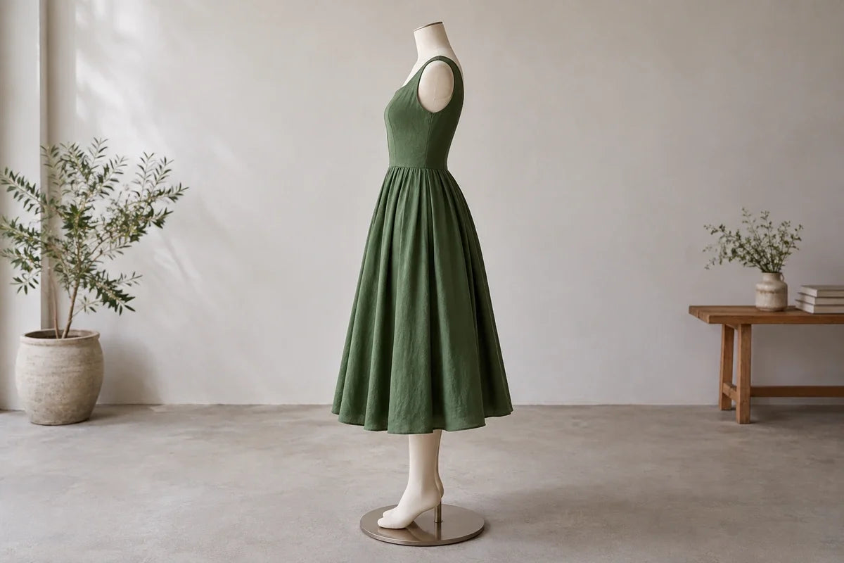 Rochie verde tea length pe manechin, văzută din profil, cu tivul în zona gambei