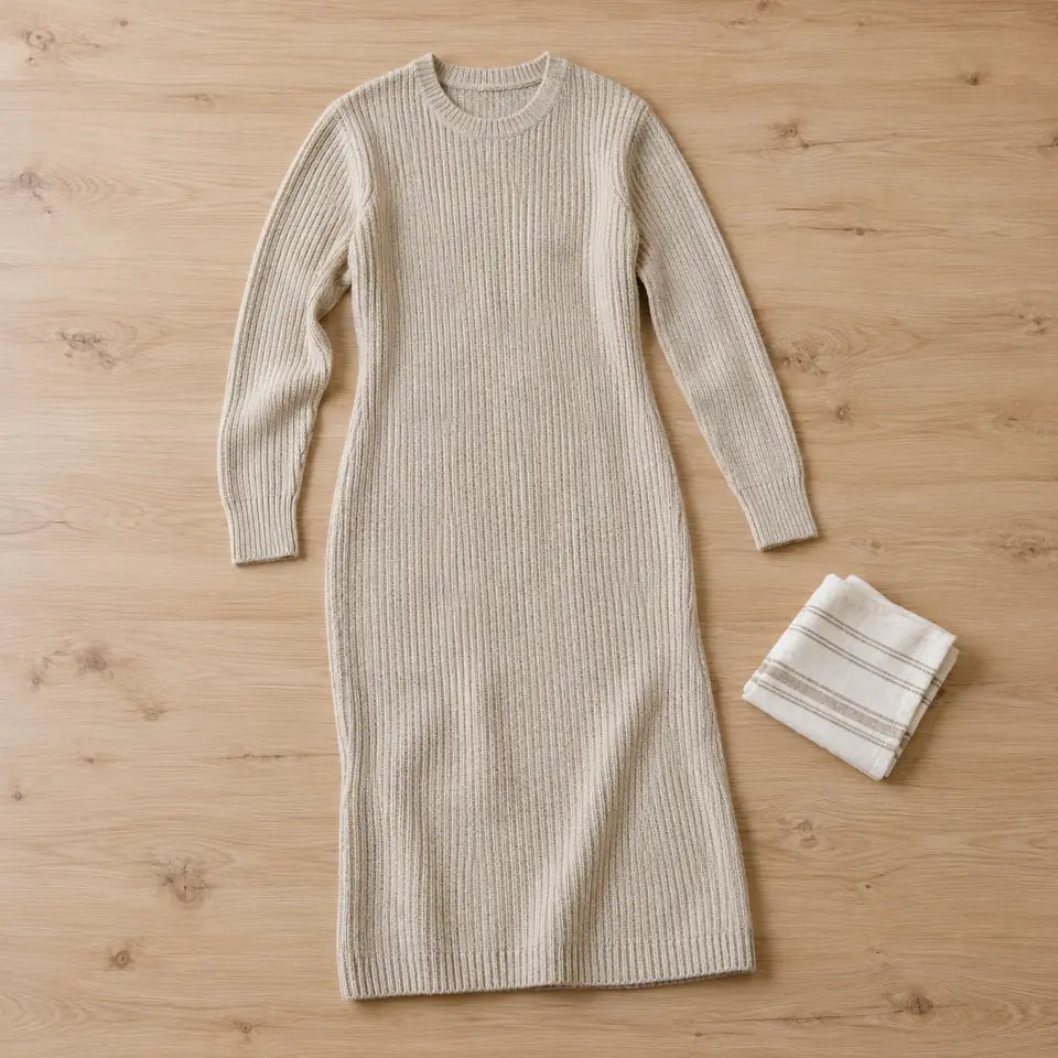 Rochie tricotată bej, prezentată integral, cu textura și zona genunchilor vizibile