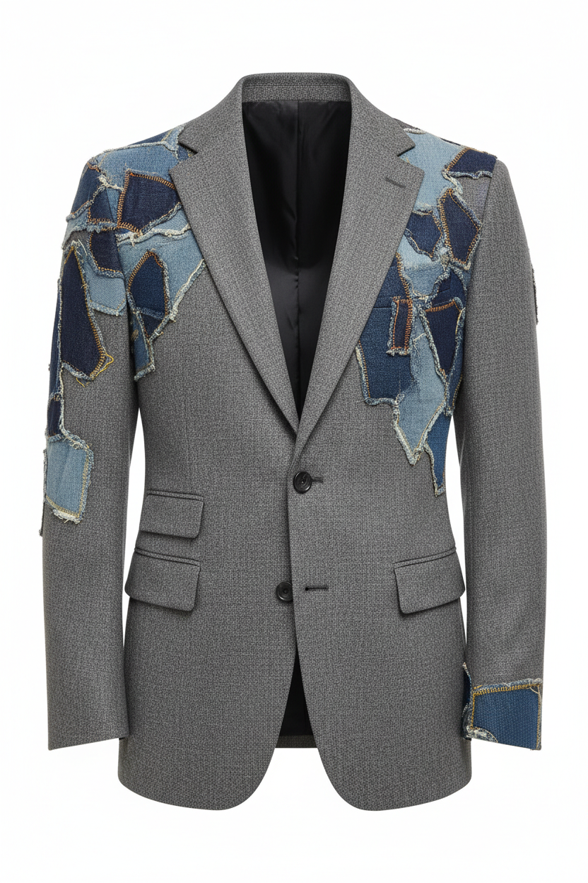 Sacou barbati din stofa gri cu aplicatii patchwork din denim pe umeri