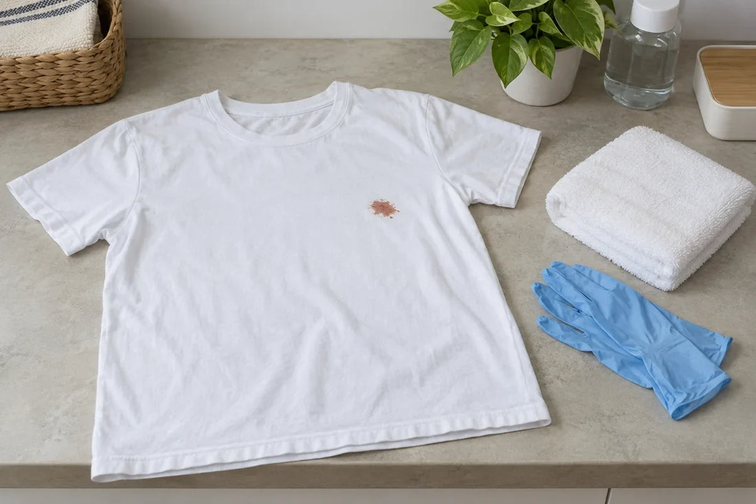 Tricou alb cu o pată brună mică, lângă o lavetă albă și mănuși pe o masă de lucru