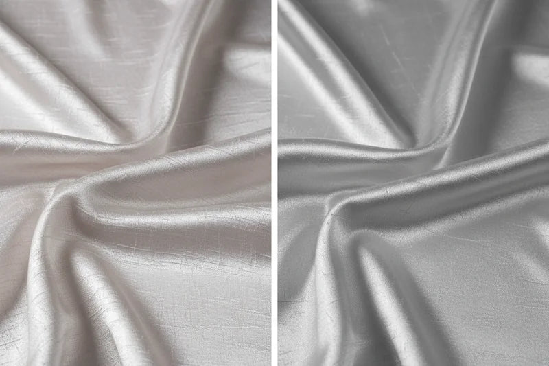 Două mostre deschise la culoare, cu suprafețe textile și reflexii diferite