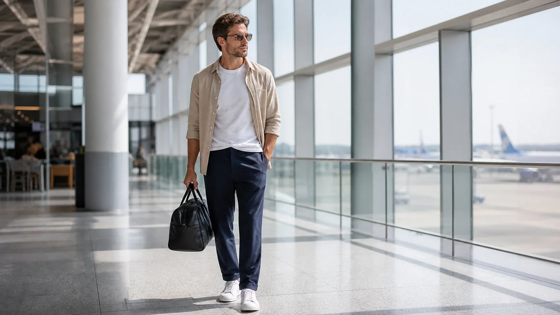 Ținută de aeroport pentru bărbați vara cu pantaloni bleumarin și cămașă din in