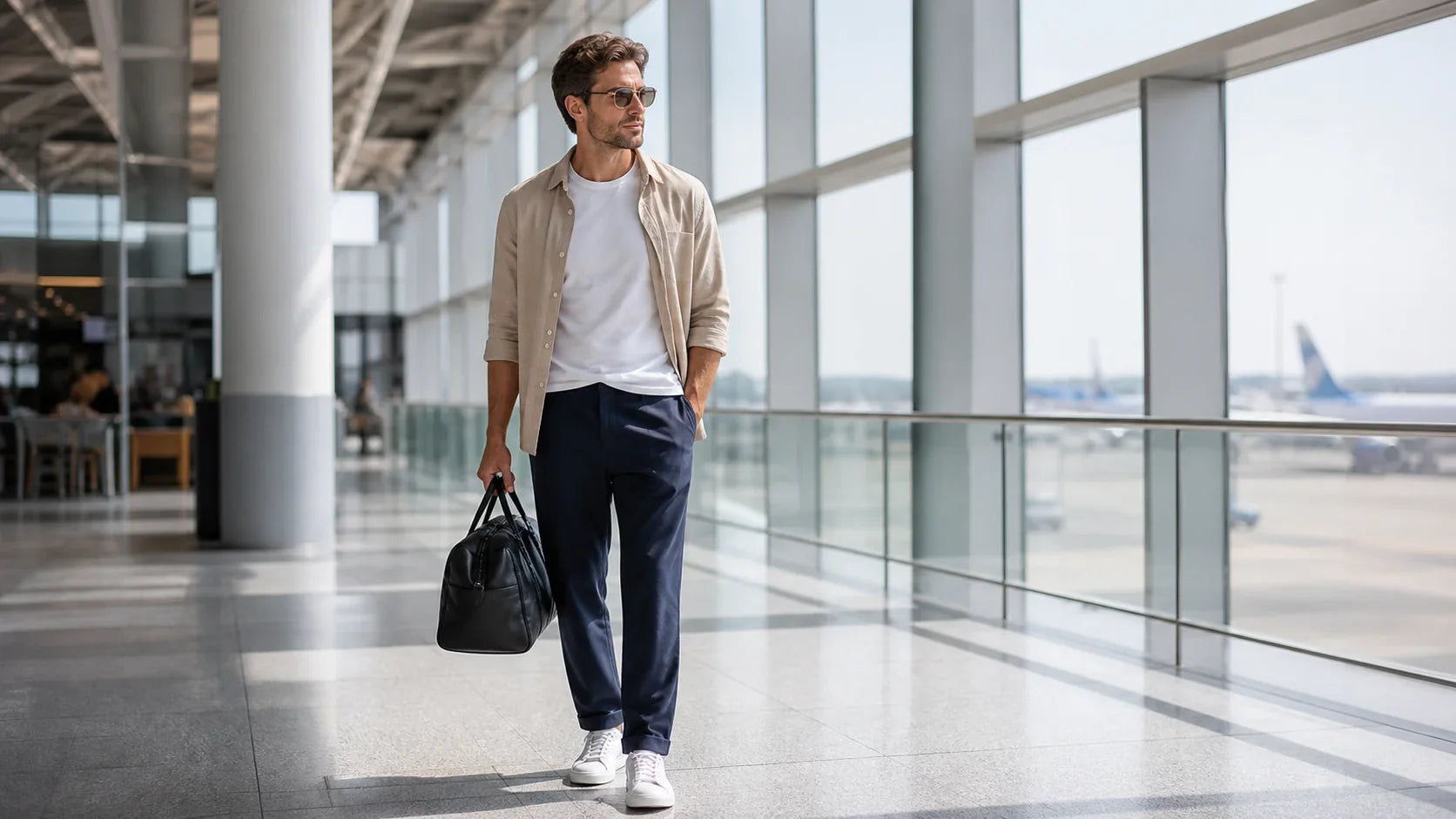Ținută de aeroport pentru bărbați vara cu pantaloni bleumarin și cămașă din in
