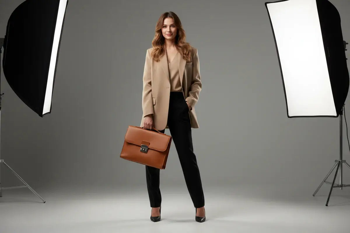 Femeie în ținută business casual modernă cu sacou bej și pantaloni negri.