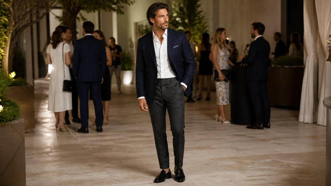 Ținută cocktail party pentru bărbați cu sacou bleumarin și pantaloni gri